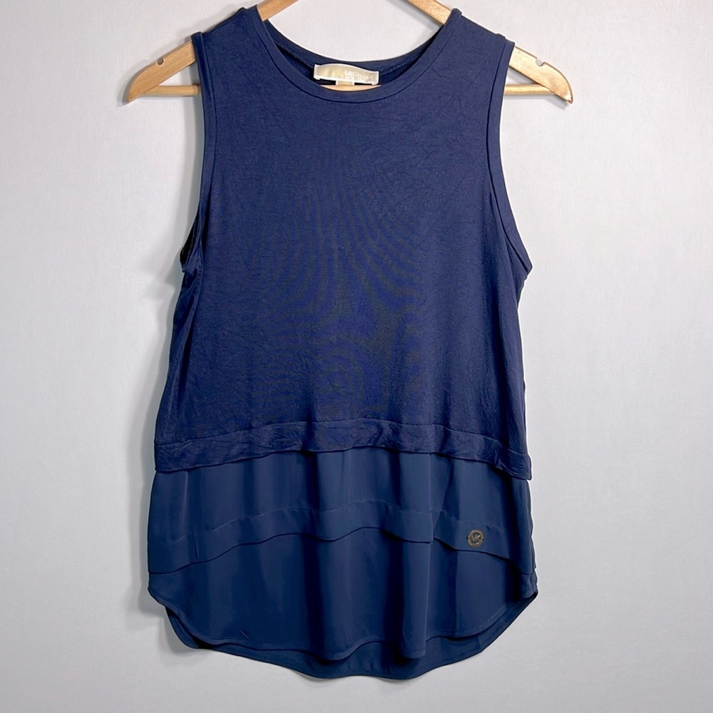 Michael Kors Navy Sleeveless Long Length Top with Chiffon Hem size S
